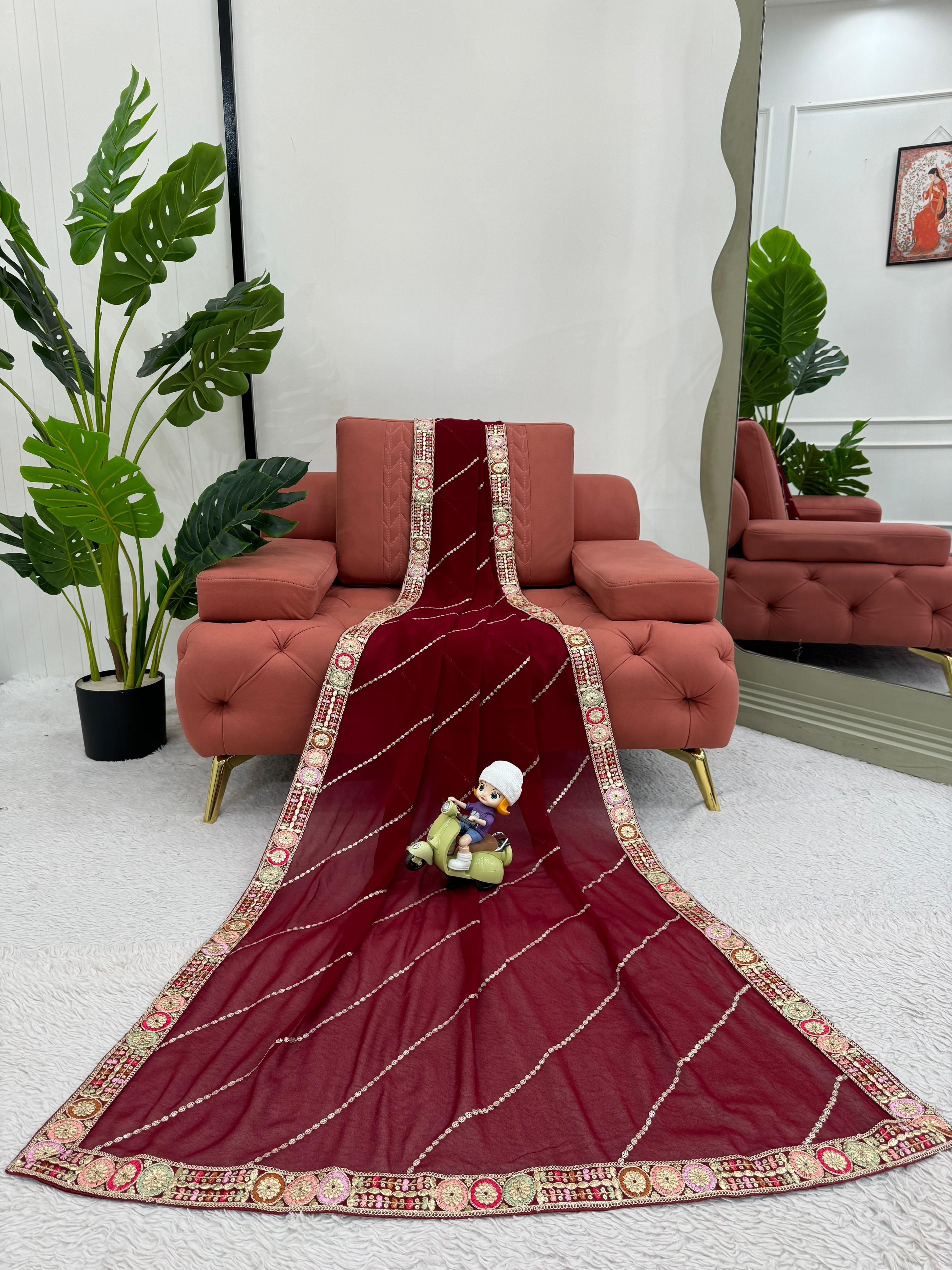 Glorious Maroon Color Faux Georgette And Coding With Sequence Work Beautiful Saree