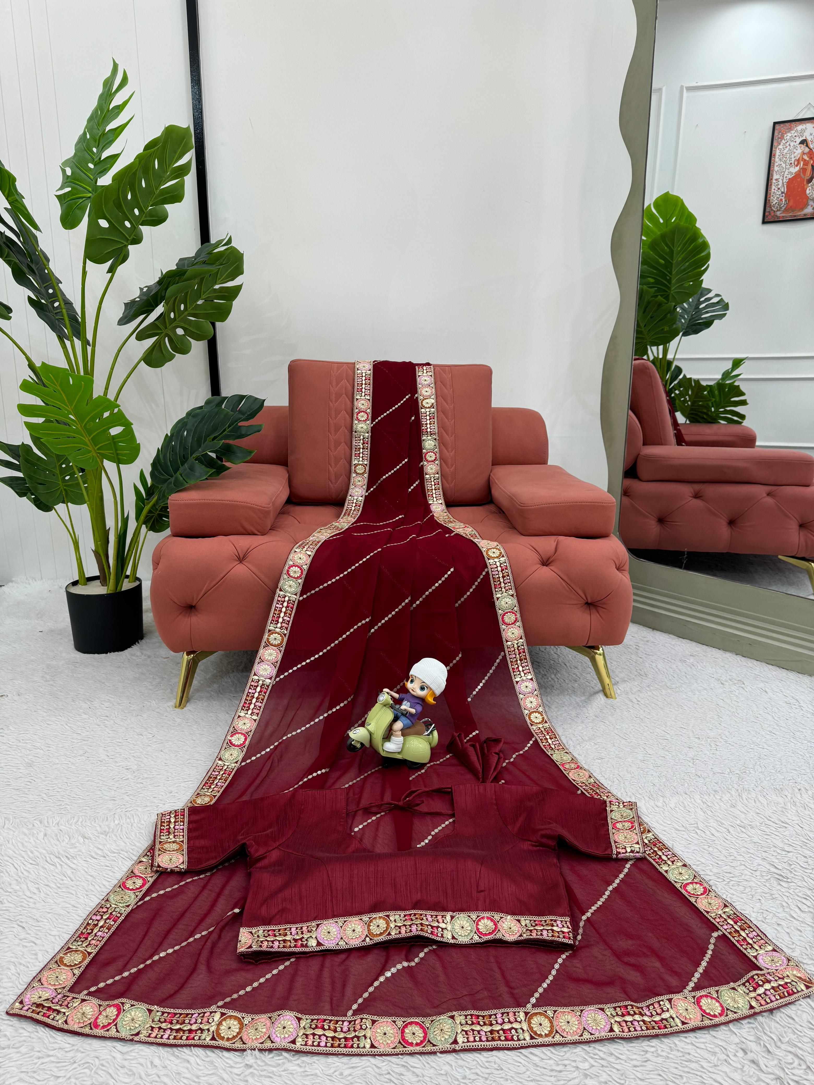 Glorious Maroon Color Faux Georgette And Coding With Sequence Work Beautiful Saree