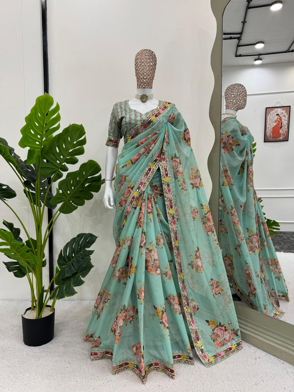 Festive Wear Pista Green Color Tibby Silk Thread And Sequence Work Designer Saree