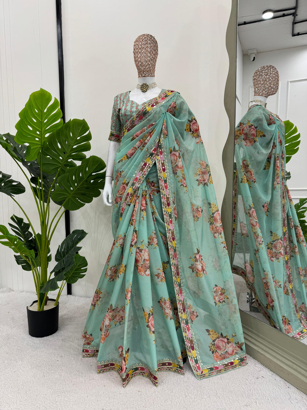 Festive Wear Pista Green Color Tibby Silk Thread And Sequence Work Designer Saree