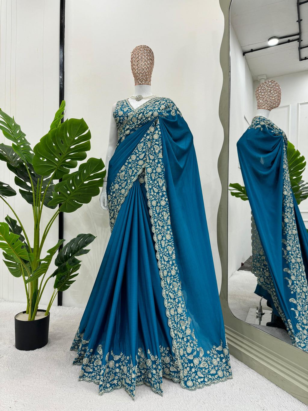 Dazzling Teal Color Heavy Chinon Thread Sequence Work Designer Saree