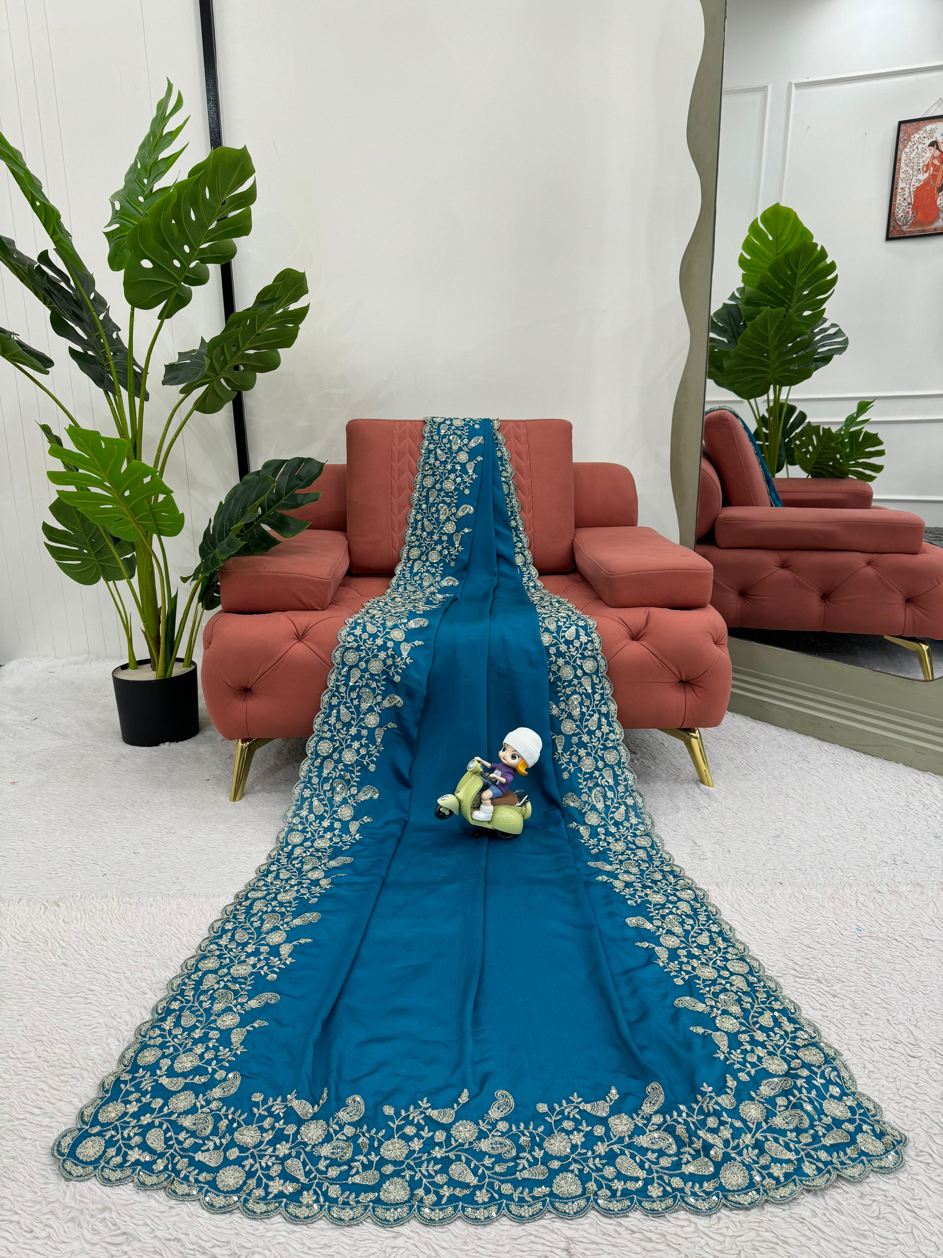 Dazzling Teal Color Heavy Chinon Thread Sequence Work Designer Saree