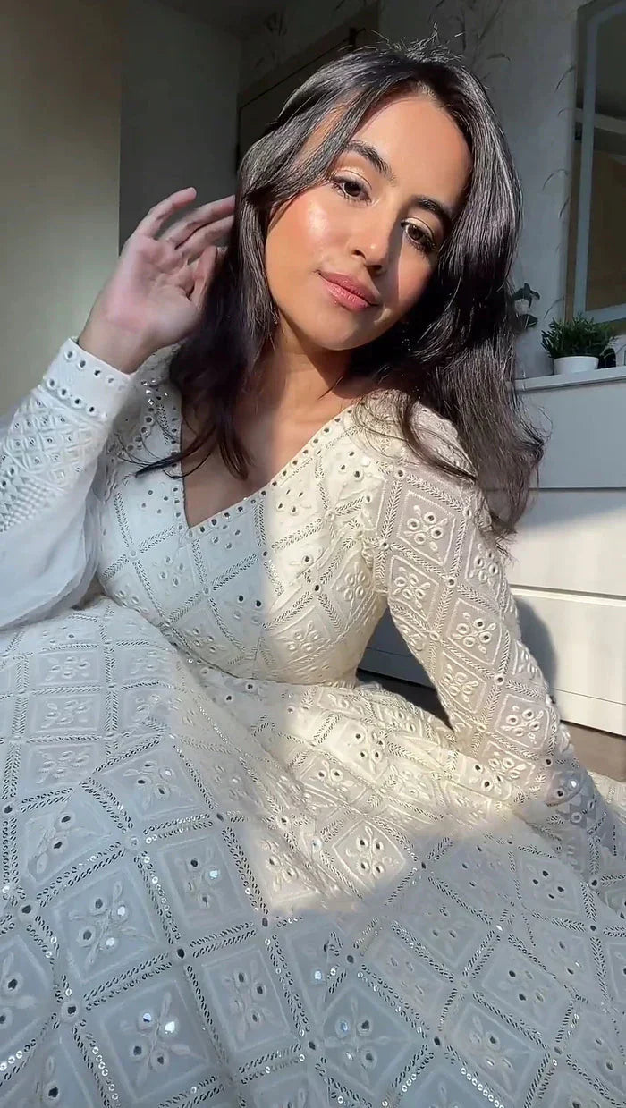Beautiful White Embroidered Georgette Fully Stitched Anarkali Suit Set