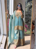 Firozi Fendy Silk Embroidered Sharara Suit Set with Lace Work