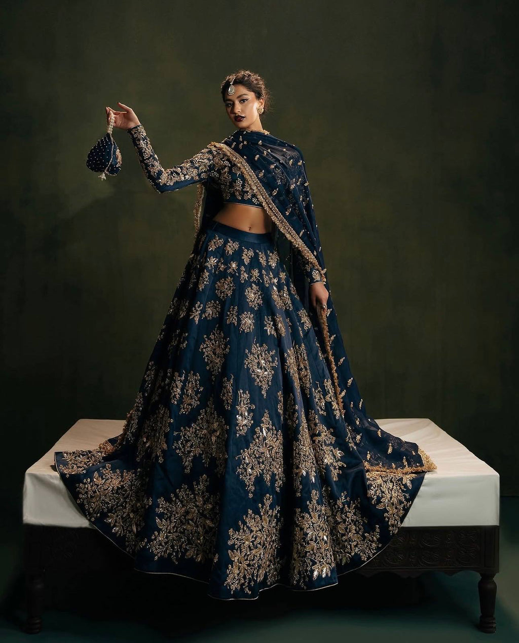 Royal Navy Blue Lehenga Set with Intricate Gold Embroidery