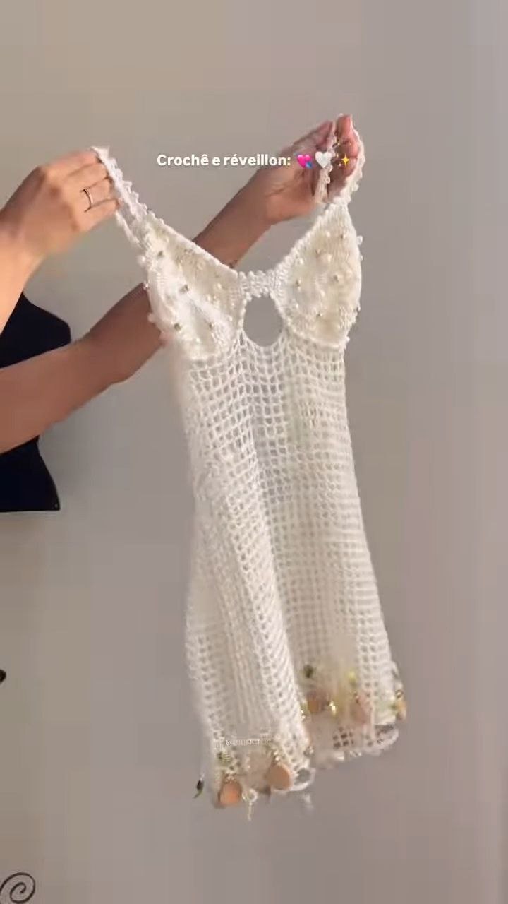 White Crochet Pearl Detail Mini Dress