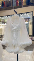 Sheer Lace Bridal Robe with Feather Trim