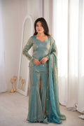 Elegant Teal Embroidered Kurta Set with Flared Pants and Dupatta