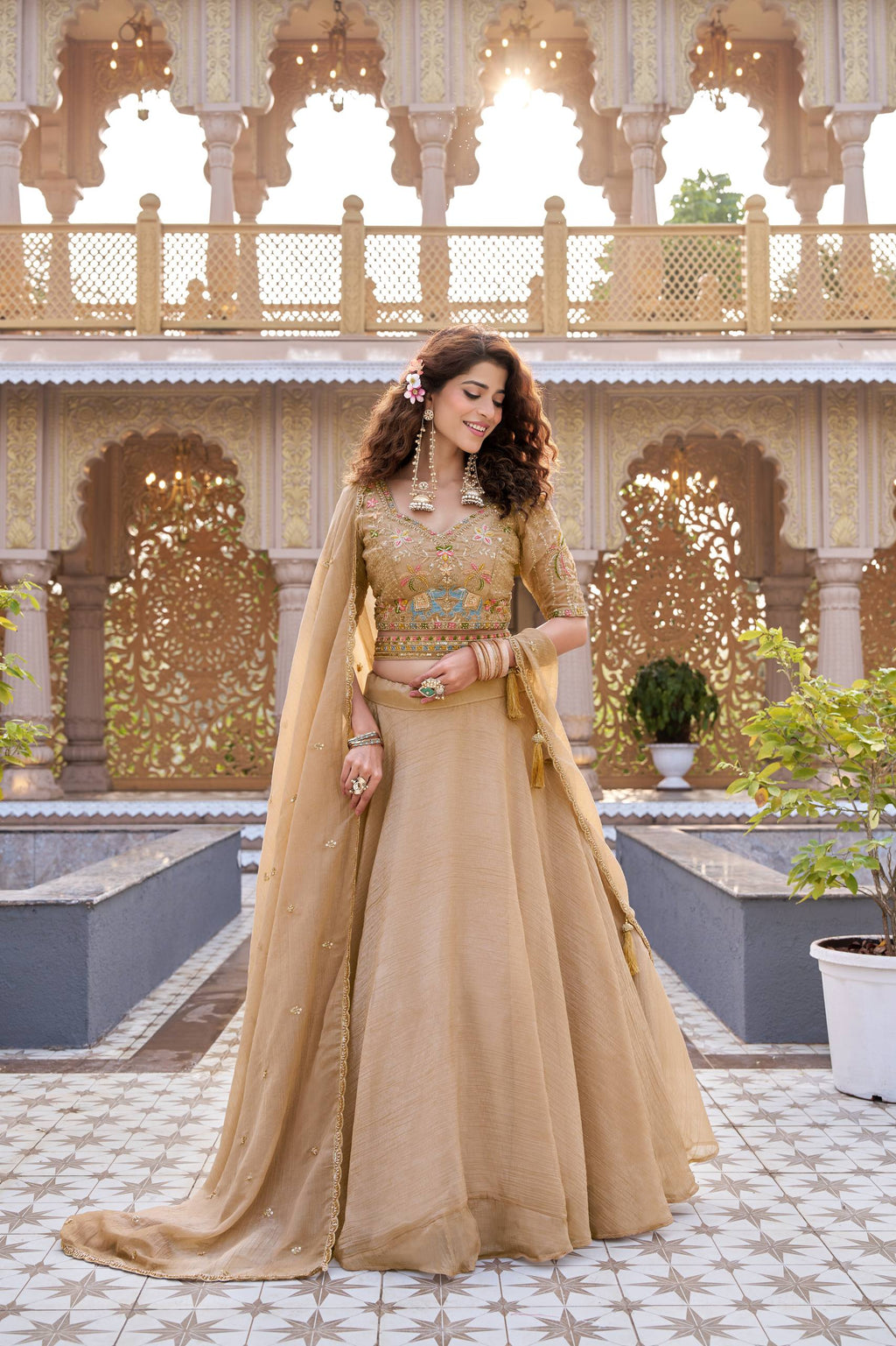 Beige Crunchy Silk Heavily Embroidered Lehenga Choli
