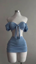 Dusty Blue Off-Shoulder Tie-Front Crop Top & Mini Skirt Set