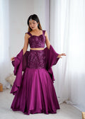 Wine Sequin Embroidered Lehenga Set with Flared Skirt and Dupatta