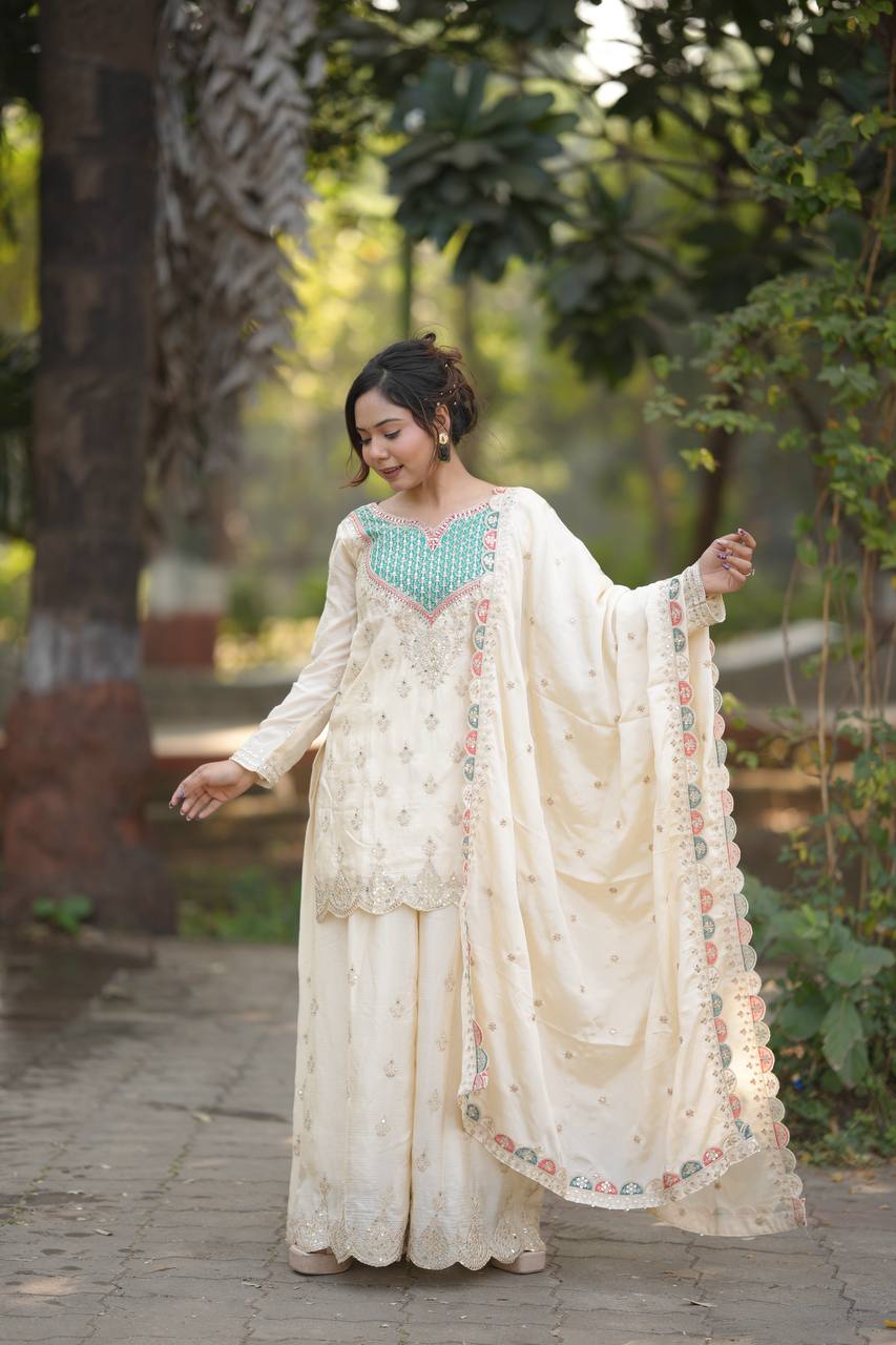 Ivory Embroidered Kurta Sharara Set with Pastel Dupatta