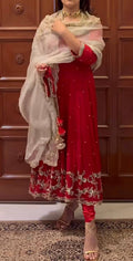 Red Embroidered Anarkali Suit with Organza Dupatta
