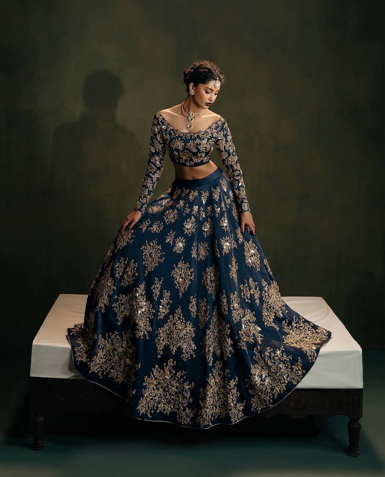 Royal Navy Blue Lehenga Set with Intricate Gold Embroidery