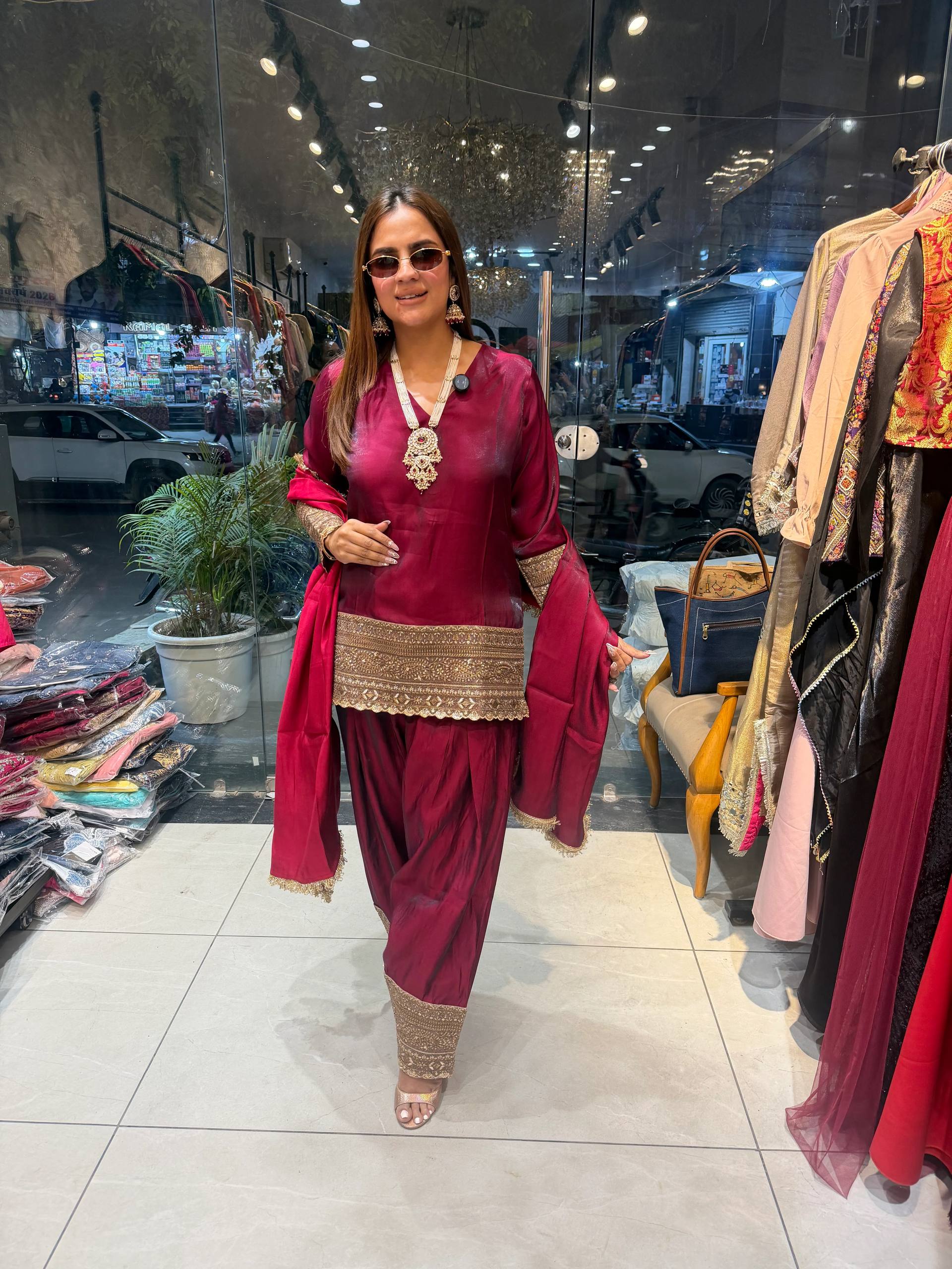 Deep Wine Embroidered Kurta Set with Patiala Pants and Dupatta