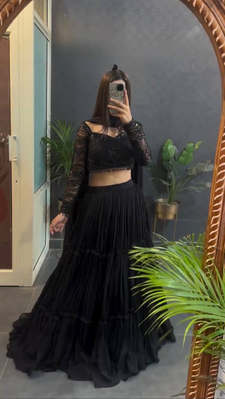 Midnight Black Ruffle Style Lehenga Choli Set with Sequence Work