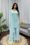 Pastel Blue Embroidered Kurta Palazzo Set with Dupatta