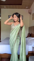 Sage Green Satin Embellished Saree