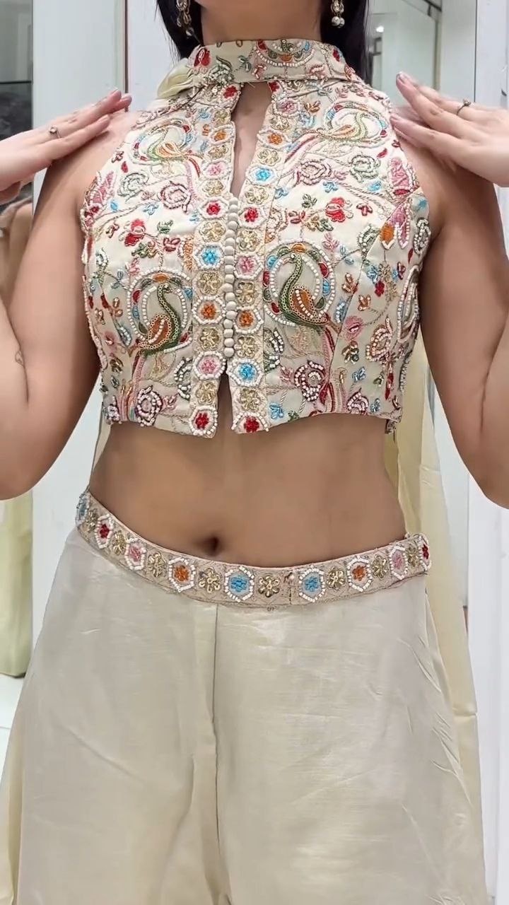 Ivory Embroidered Crop Top with Flared Palazzo Set