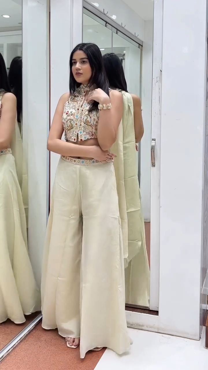 Ivory Embroidered Crop Top with Flared Palazzo Set