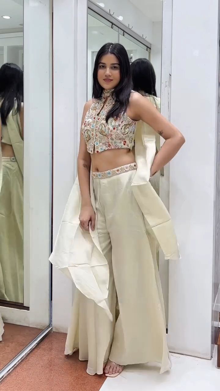 Ivory Embroidered Crop Top with Flared Palazzo Set