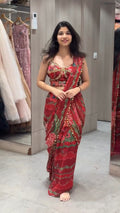 Red Printed Drape Saree Set