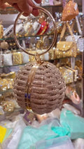 Round Beaded Crystal Clutch with Metal Ring Handle