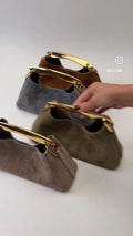 Suede Finish Mini Handbag with Gold Top Handle