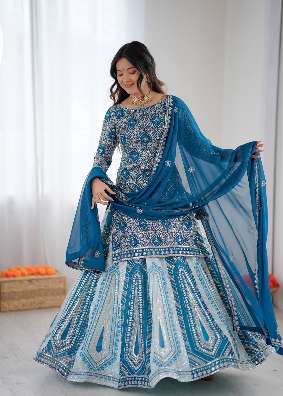 Teal Blue Embroidered Lehenga Set with Dupatta
