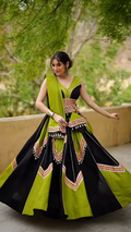 Black & Olive Green Gujarati Mirror Work Lehenga Choli with Tassel Detailing