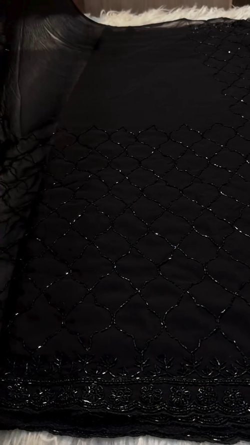 Black Hand Embroidered Beaded Net Fabric – Luxury Designer Dupatta/Lehenga Material