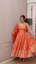 Orange Banarasi Jacquard Silk Anarkali Gown Set with Net Dupatta