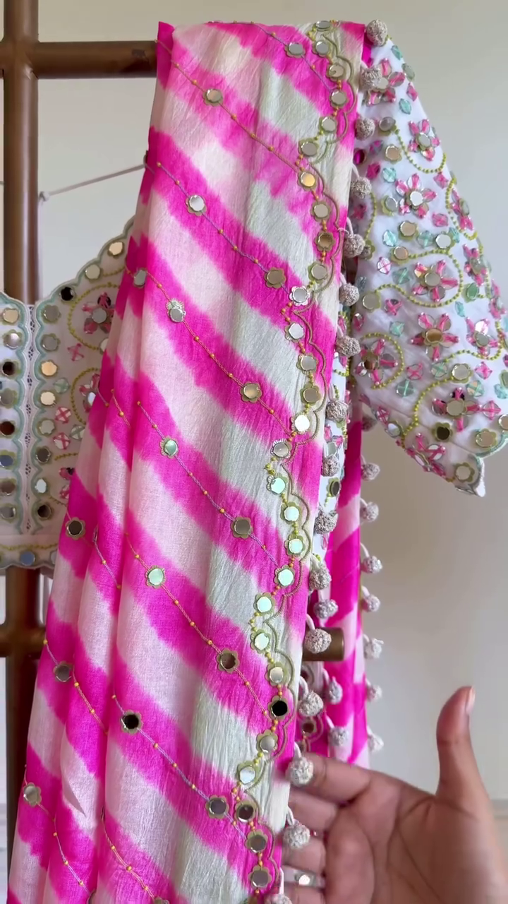 Pink Bandhani Mirror Work Lehenga Set with Embroidered Blouse