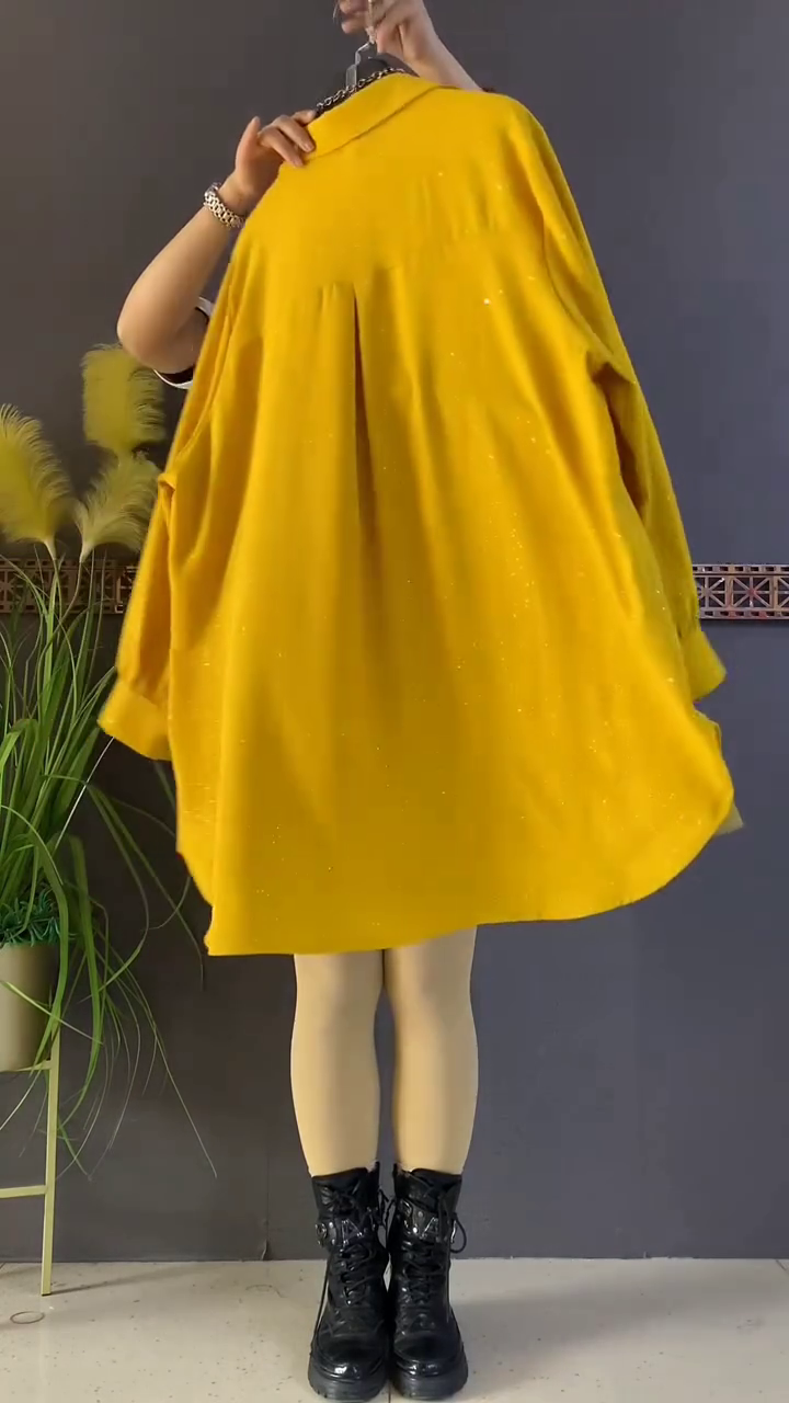 Mustard Yellow Pearl Studded Flared Shirt Top