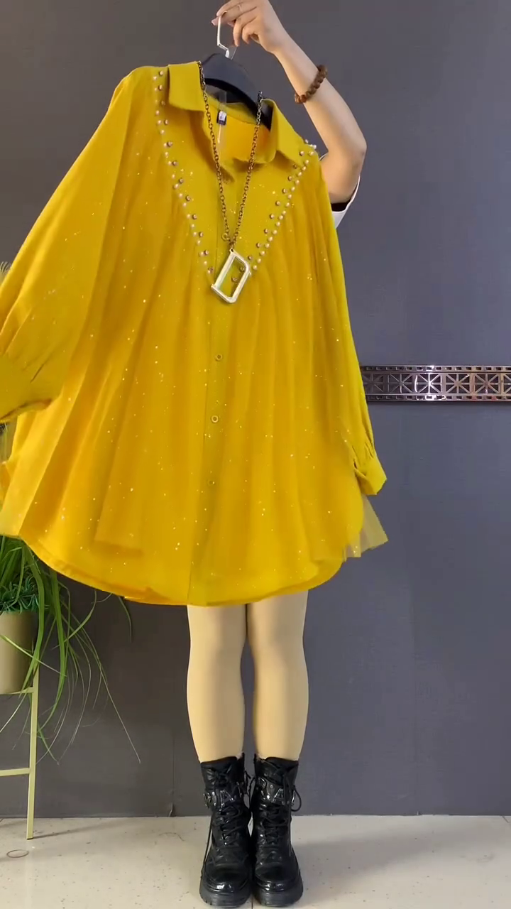 Mustard Yellow Pearl Studded Flared Shirt Top