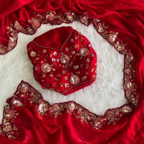Designer Moti Work Red Color Saree With Blouse Pis - Image 3