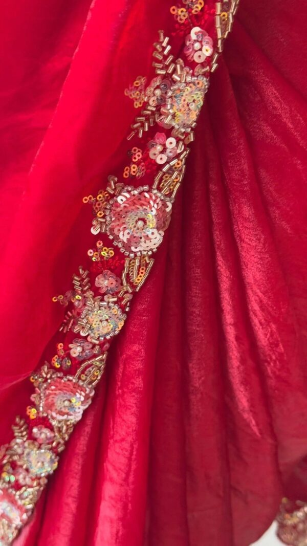 Designer Moti Work Red Color Saree With Blouse Pis - Image 4