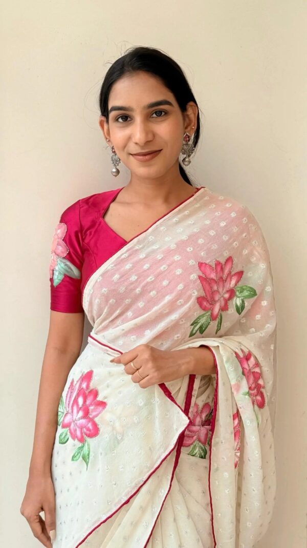 Satin blouse with hand painted flower on sleeves with Cutdhana work saree