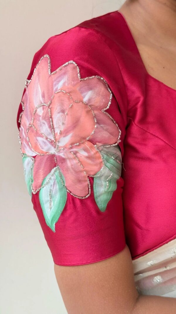 Satin blouse with hand painted flower on sleeves with Cutdhana work saree - Image 4