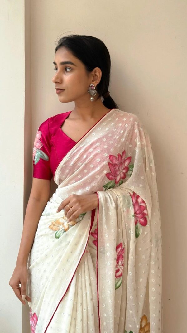 Satin blouse with hand painted flower on sleeves with Cutdhana work saree - Image 3