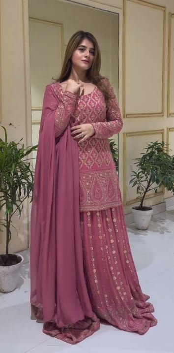 Peach Palazzo Suit with Sequins work and Round Neck - Image 3