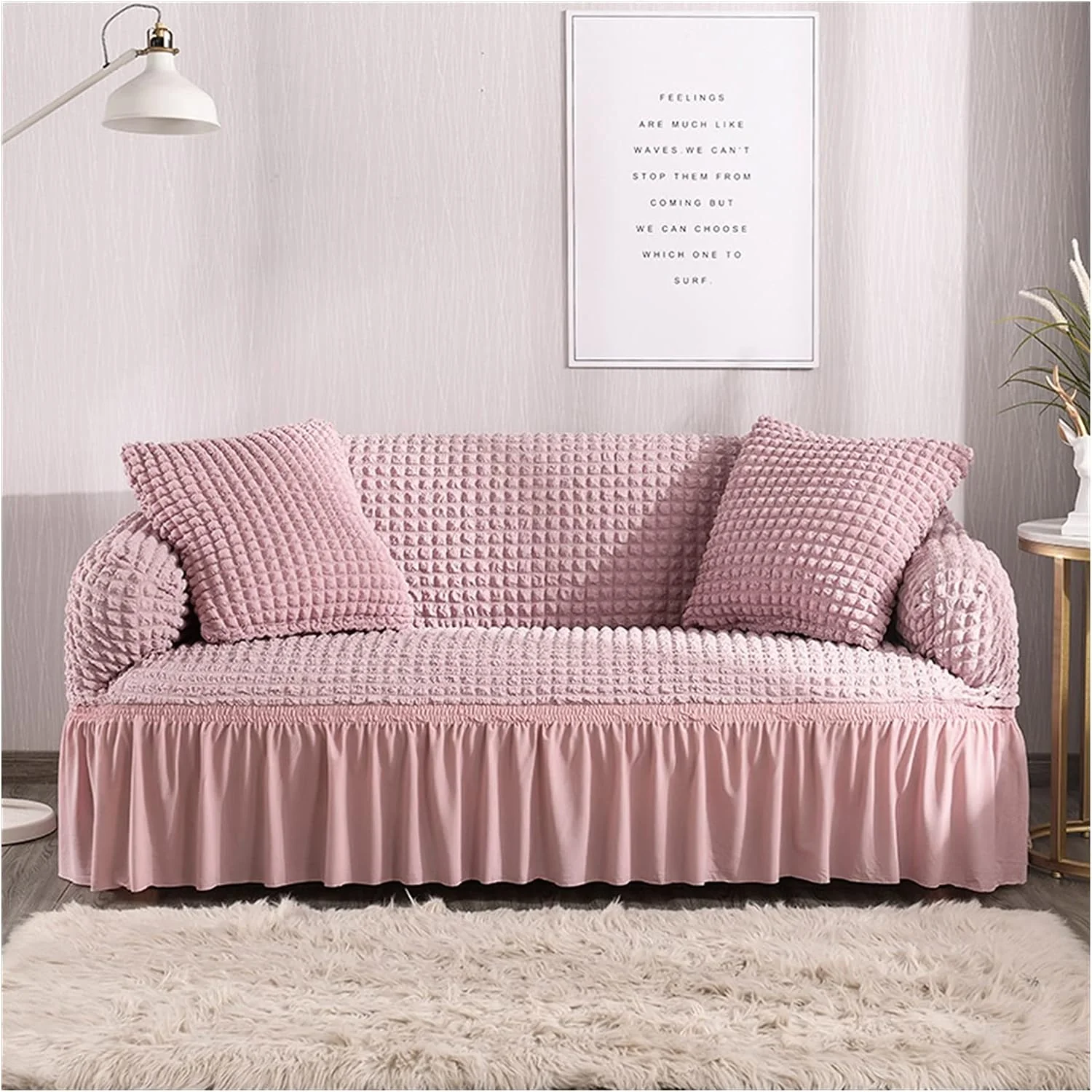 Waffle Textured Stretch Sofa Cover with Skirt - Image 2