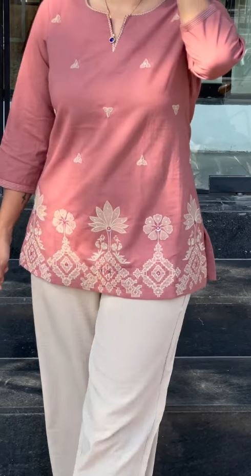 Women’s Floral Embroidered Pure Cotton Tunic and Trouser Set - Image 2