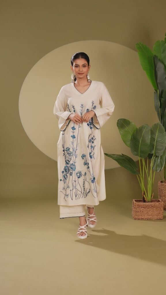 Cotton Floral Embroidered A-Line Kurta and Pant Set - Photo 1
