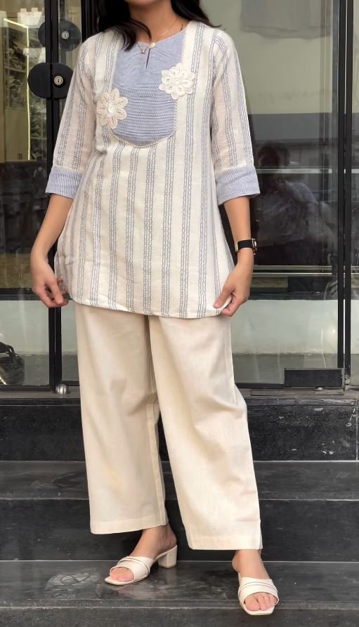 Subtle Elegance Ivory Striped Tunic and Straight-Leg Trousers Co-ord Set