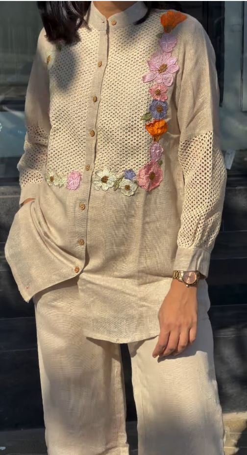 Floral Applique Jute Linen 3-Piece Co-ord Set - Image 3