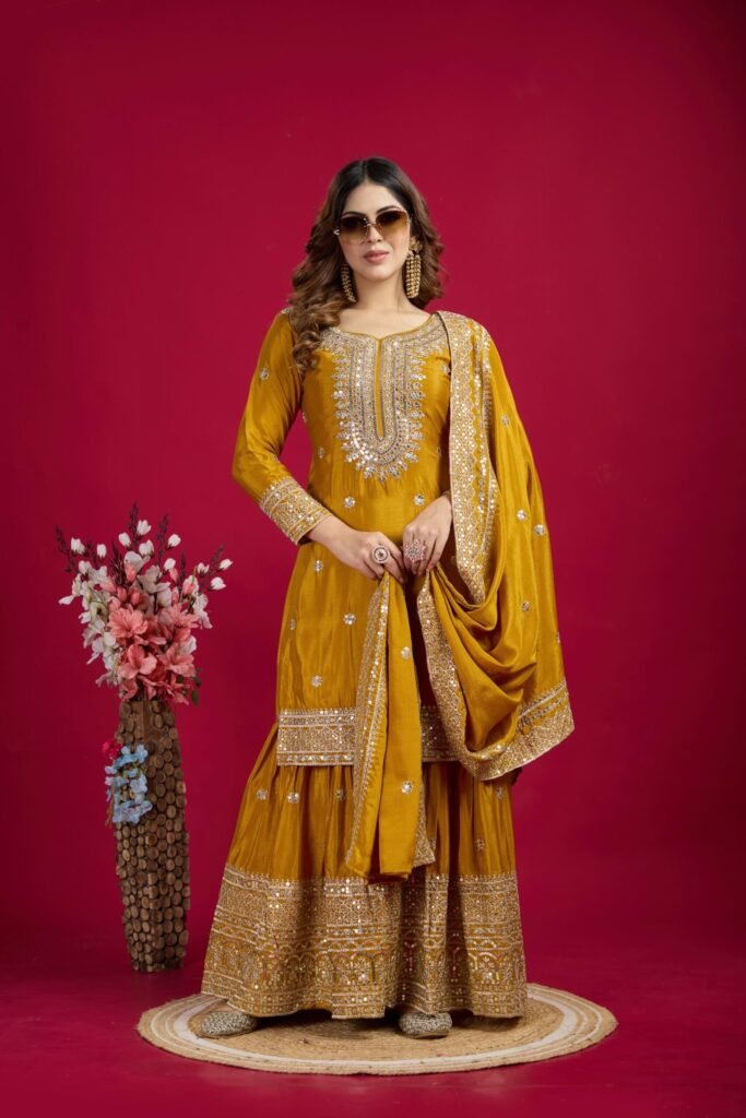Mustard Color Chinon Silk Sharara Suit - Photo 4