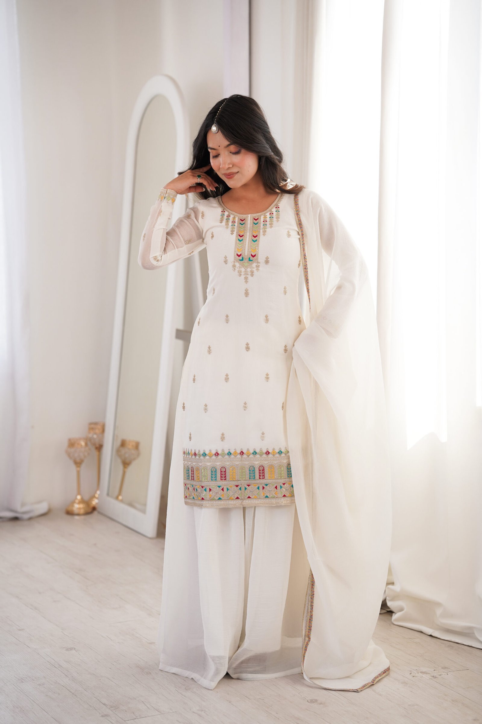 Pure White Crunchy Silk Heavily Embroidered Sharara Suit Set - Image 2