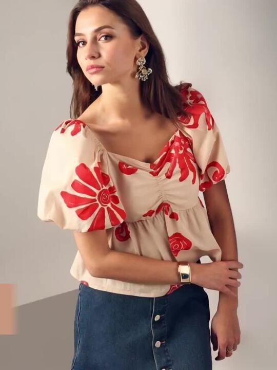 Women Floral Print Balloon Sleeve Peplum Top - Image 4
