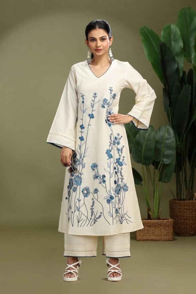 Cotton Floral Embroidered A-Line Kurta and Pant Set - Photo 2